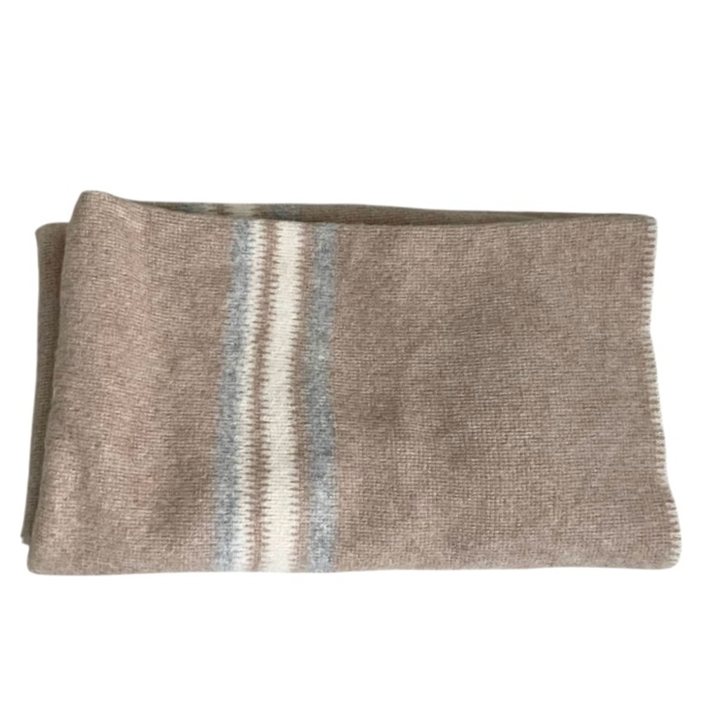 Handmade Handwoven Wool Striped Throw Blanket Tan Grey - Picture 3 of 11